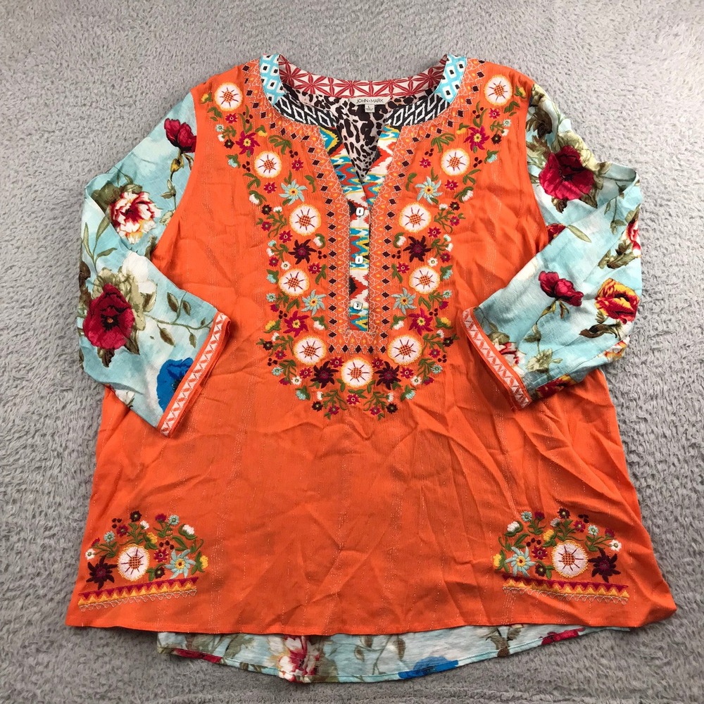 John Mark Blouse Women L Orange Floral Embroidered Mixed Media Boho Tunic
